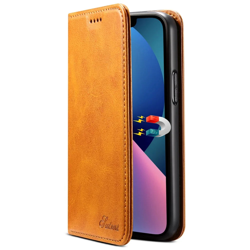 SUTENI Wallet Stand Design Anti-scratch Magnetic Automatic Closing Leather Cover + TPU Inner Case for iPhone 13 Pro Max 6.7 inch - Khaki - 4