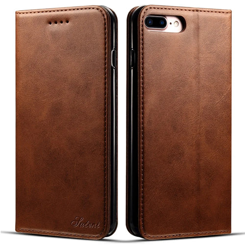 SUTENI Folio Flip Textured Surface Magnetic Cover Well-protected Automatic Closing Wallet Design Leather Case with Stand for iPhone 7 Plus/8 Plus 5.5 inch - Brown - 1