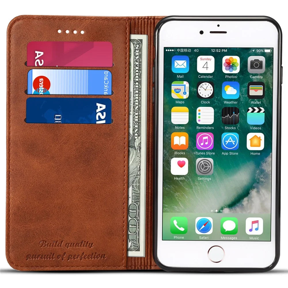 SUTENI Folio Flip Textured Surface Magnetic Cover Well-protected Automatic Closing Wallet Design Leather Case with Stand for iPhone 7 Plus/8 Plus 5.5 inch - Brown - 6