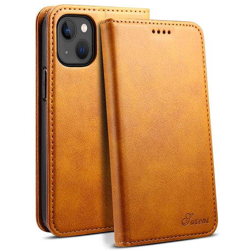 SUTENI Anti-scratch Wallet Stand Design Magnetic Automatic Closing Leather Protective Cover + TPU Inner Case for iPhone 13 mini 5.4 inch - Khaki - 1