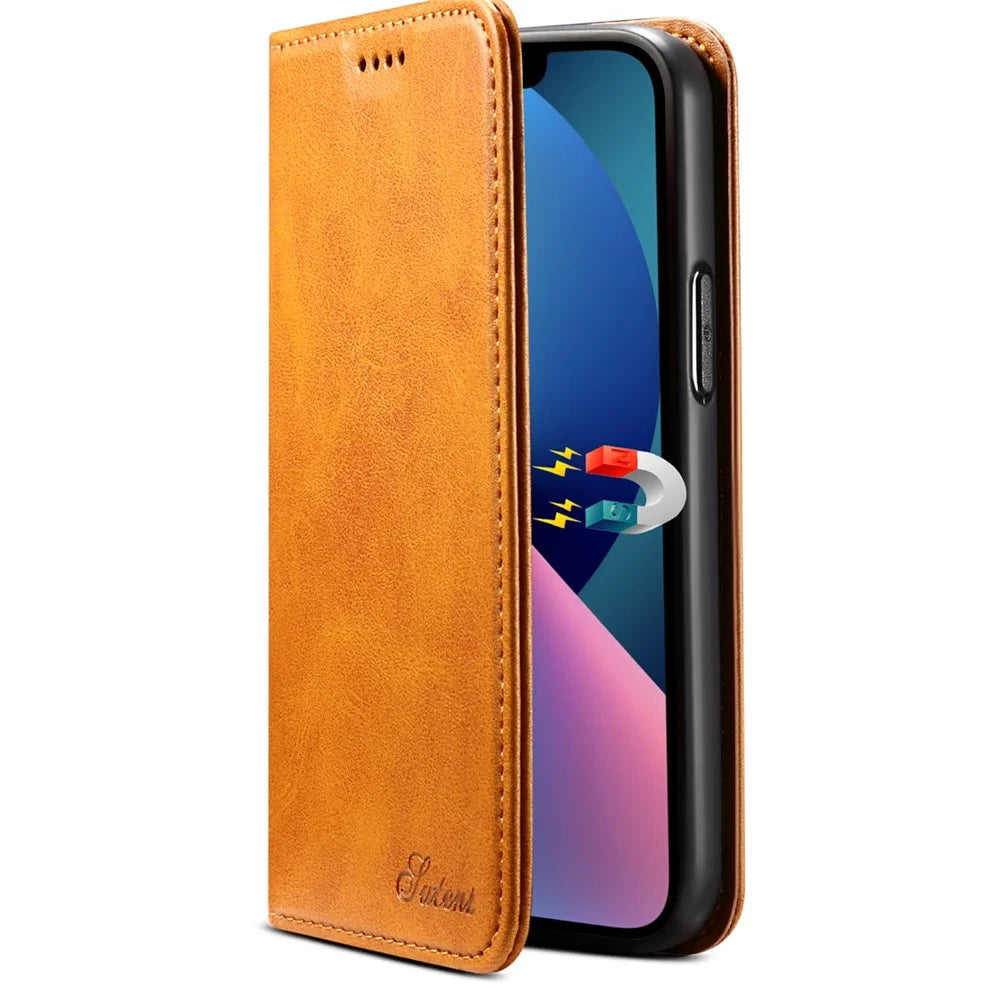 SUTENI Anti-scratch Wallet Stand Design Magnetic Automatic Closing Leather Protective Cover + TPU Inner Case for iPhone 13 mini 5.4 inch - Khaki - 4