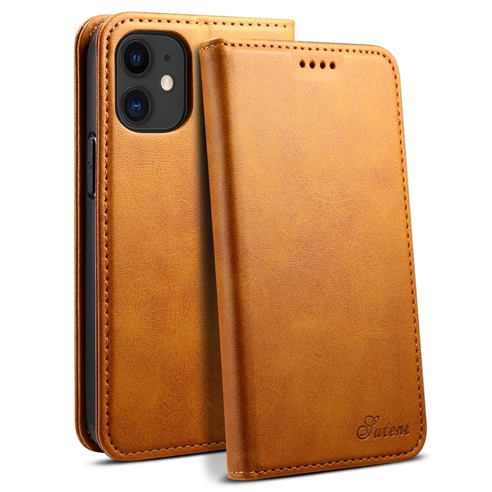 SUTENI Textured Surface All-round Protection Case Magnetic Automatic Closing Leather Case with Stand and Wallet for iPhone 12 mini 5.4 inch - Khaki - 1