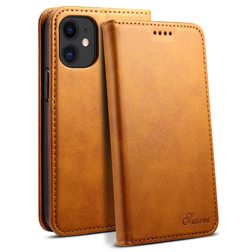 SUTENI Textured Surface All-round Protection Case Magnetic Automatic Closing Leather Case with Stand and Wallet for iPhone 12 mini 5.4 inch - Khaki - 1
