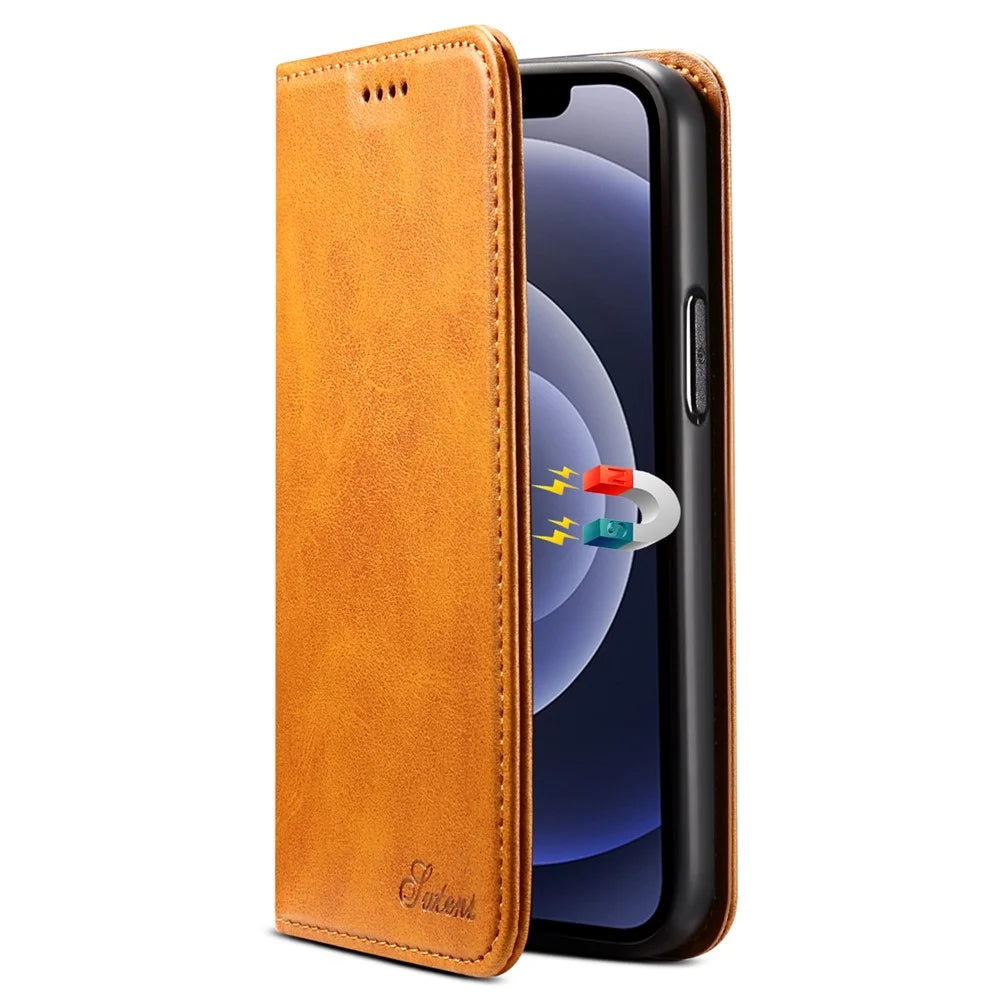 SUTENI Textured Surface All-round Protection Case Magnetic Automatic Closing Leather Case with Stand and Wallet for iPhone 12 mini 5.4 inch - Khaki - 5