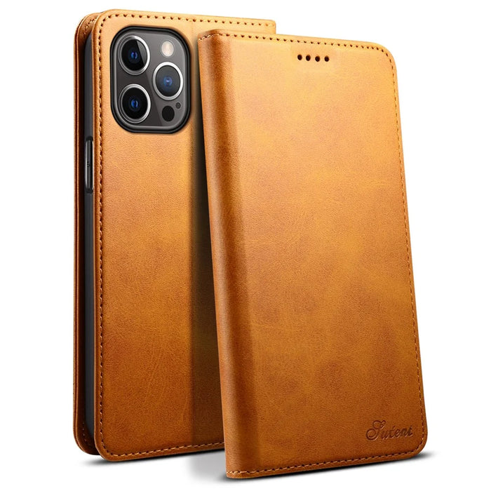 SUTENI Textured Surface Magnetic Automatic Closing Wallet Stand Design Leather Case for iPhone 12/12 Pro 6.1 inch - Khaki - 1