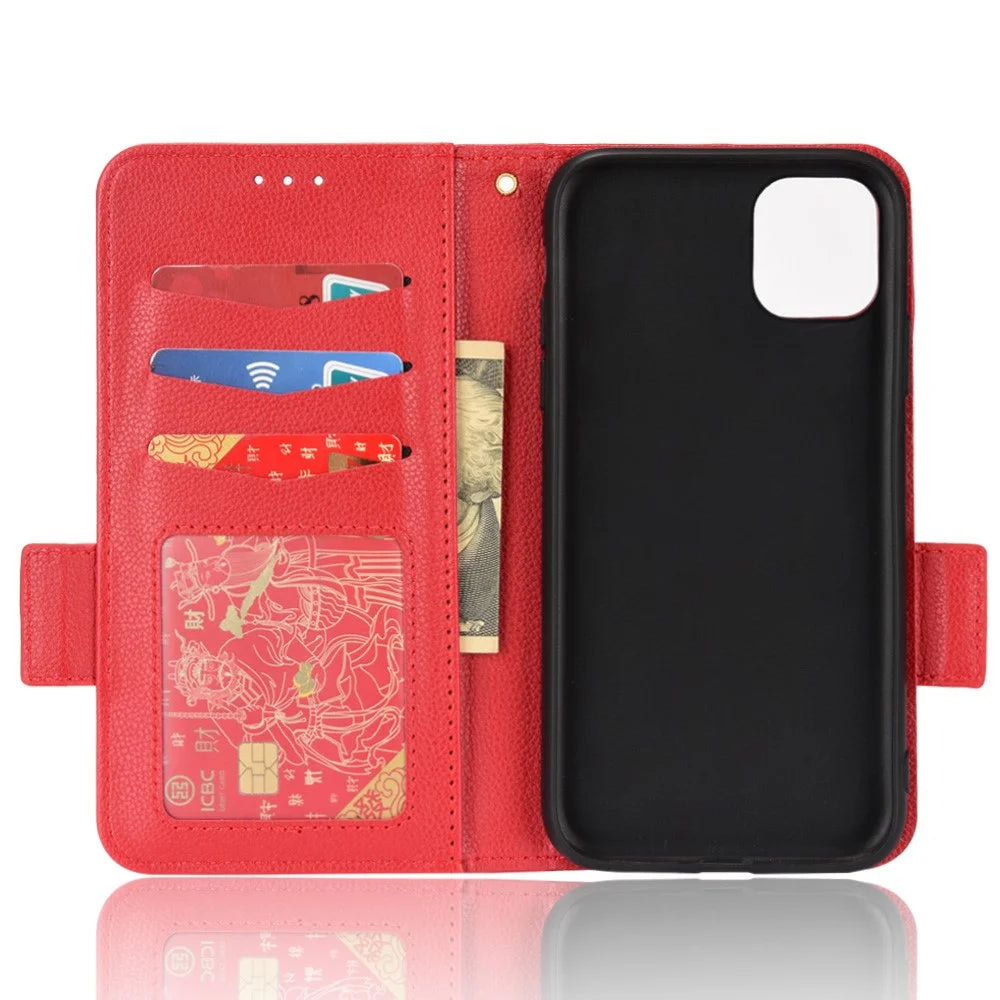For iPhone 11 6.1 inch Magnetic Smartphone Shell Litchi Texture Anti-fingerprint PU Leather Stand Wallet Case Mobile Phone Cover - Red - 6