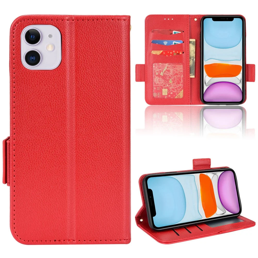 For iPhone 11 6.1 inch Magnetic Smartphone Shell Litchi Texture Anti-fingerprint PU Leather Stand Wallet Case Mobile Phone Cover - Red - 7