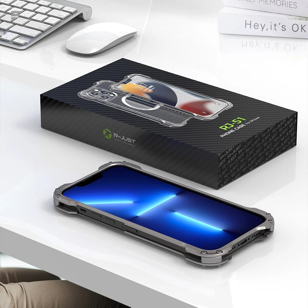 R-JUST RJ-51 Back Hollow Heat Dissipation Carbon Fiber PC + Aluminum Alloy Phone Case Support Wireless Charging for iPhone 12 Pro 6.1 inch - 6