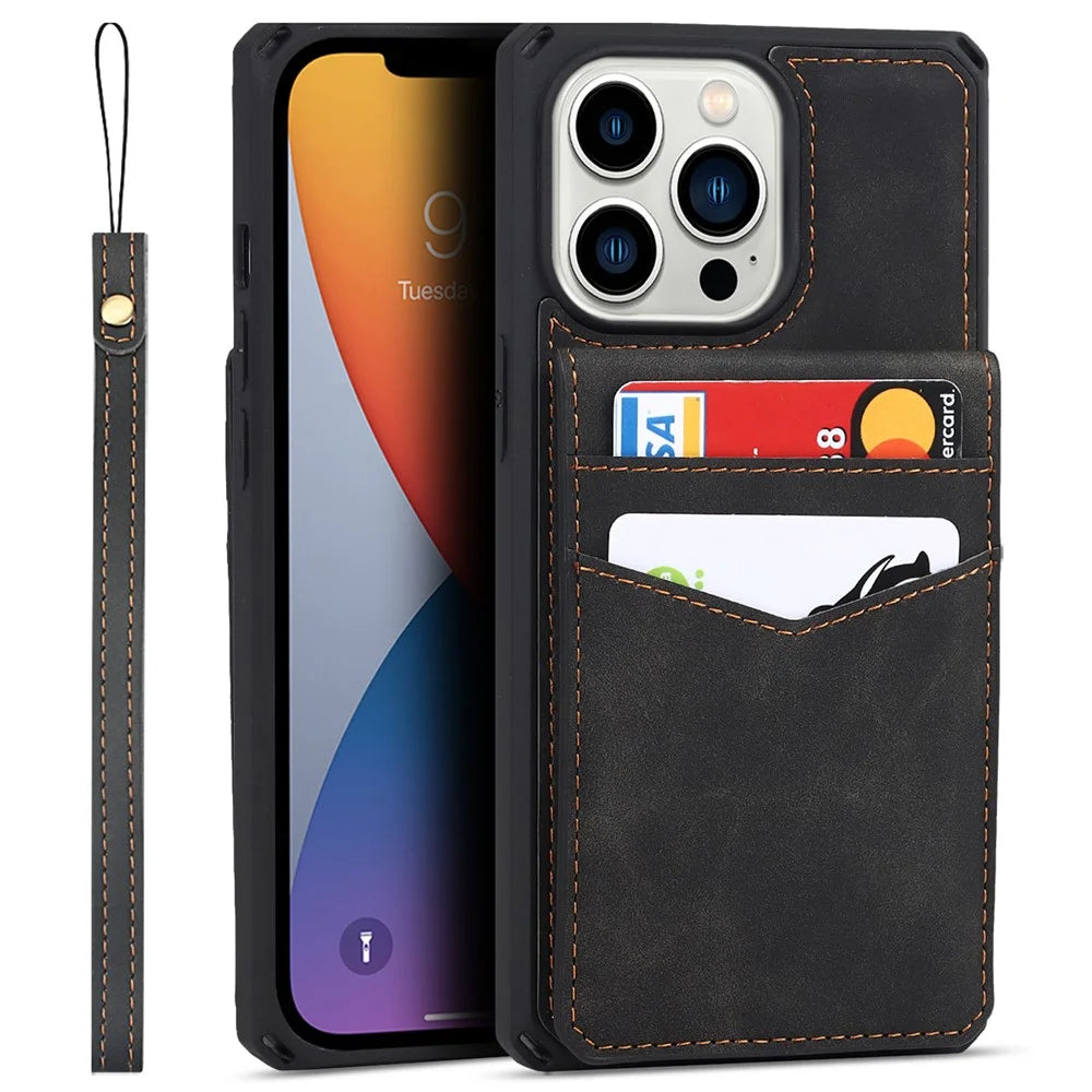 Vertical Flip Card Slots Design Button Closure Skin-touch Well-protected PU Leather Coated TPU Phone Case with Kickstand for iPhone 13 Pro 6.1 inch - Black - 1
