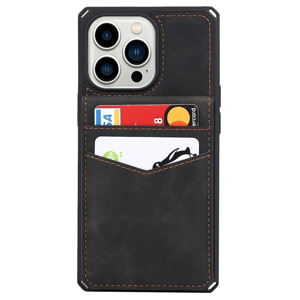Vertical Flip Card Slots Design Button Closure Skin-touch Well-protected PU Leather Coated TPU Phone Case with Kickstand for iPhone 13 Pro 6.1 inch - Black - 2