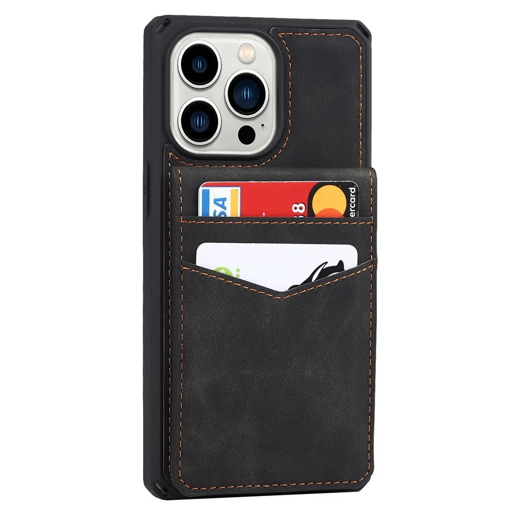 Vertical Flip Card Slots Design Button Closure Skin-touch Well-protected PU Leather Coated TPU Phone Case with Kickstand for iPhone 13 Pro 6.1 inch - Black - 3
