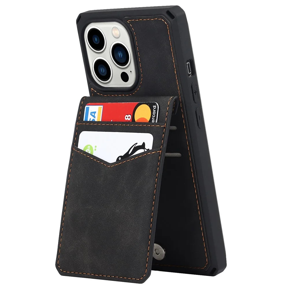 Vertical Flip Card Slots Design Button Closure Skin-touch Well-protected PU Leather Coated TPU Phone Case with Kickstand for iPhone 13 Pro 6.1 inch - Black - 5