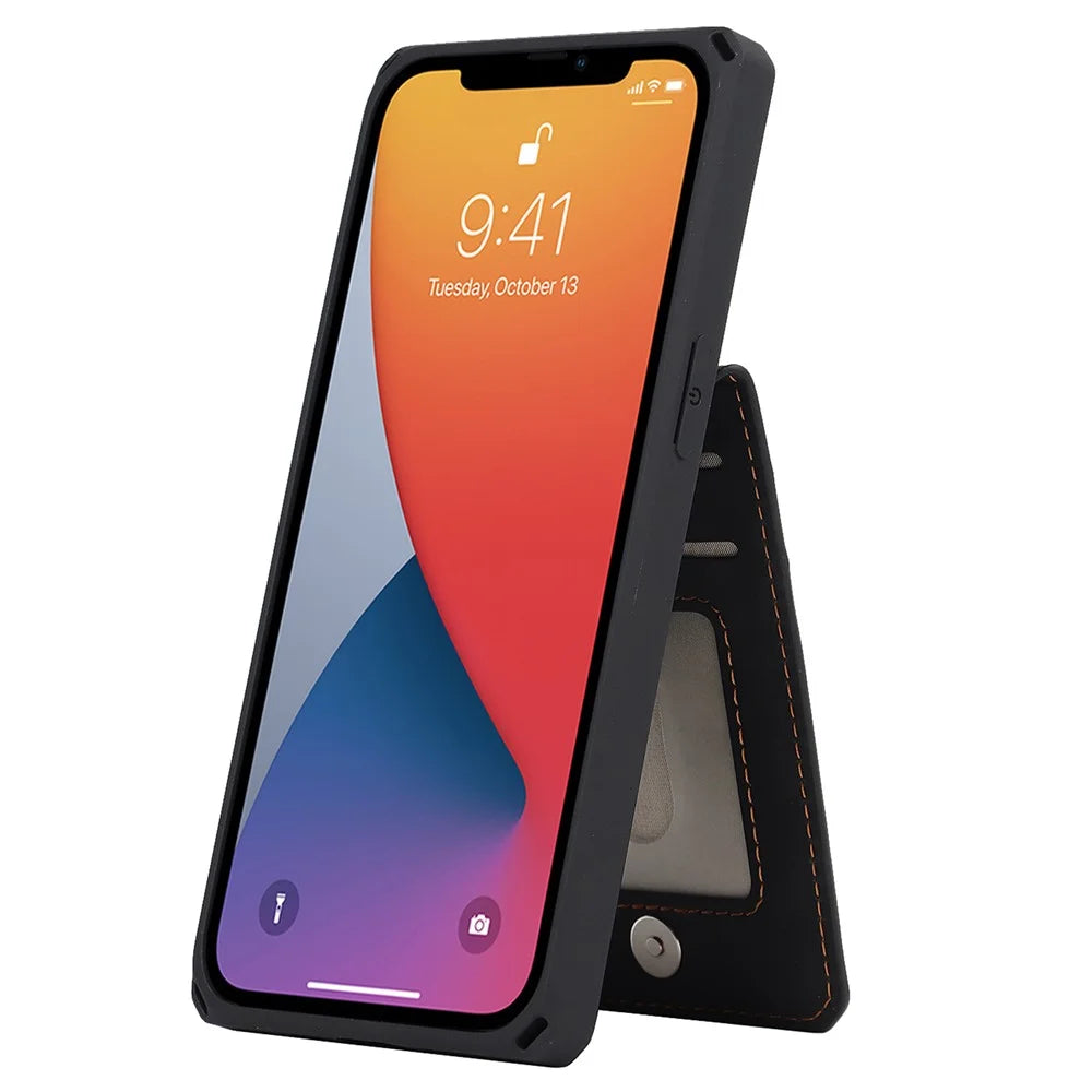 Vertical Flip Card Slots Design Button Closure Skin-touch Well-protected PU Leather Coated TPU Phone Case with Kickstand for iPhone 13 Pro 6.1 inch - Black - 6