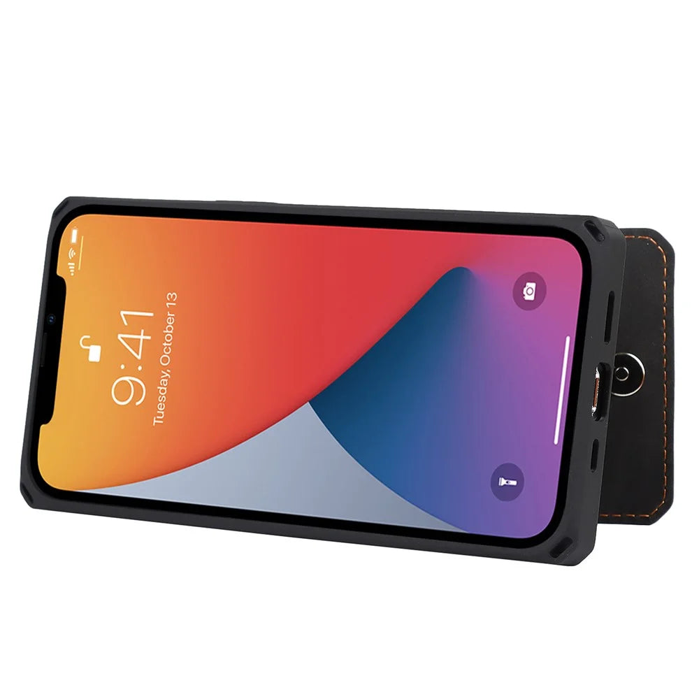 Vertical Flip Card Slots Design Button Closure Skin-touch Well-protected PU Leather Coated TPU Phone Case with Kickstand for iPhone 13 Pro 6.1 inch - Black - 7