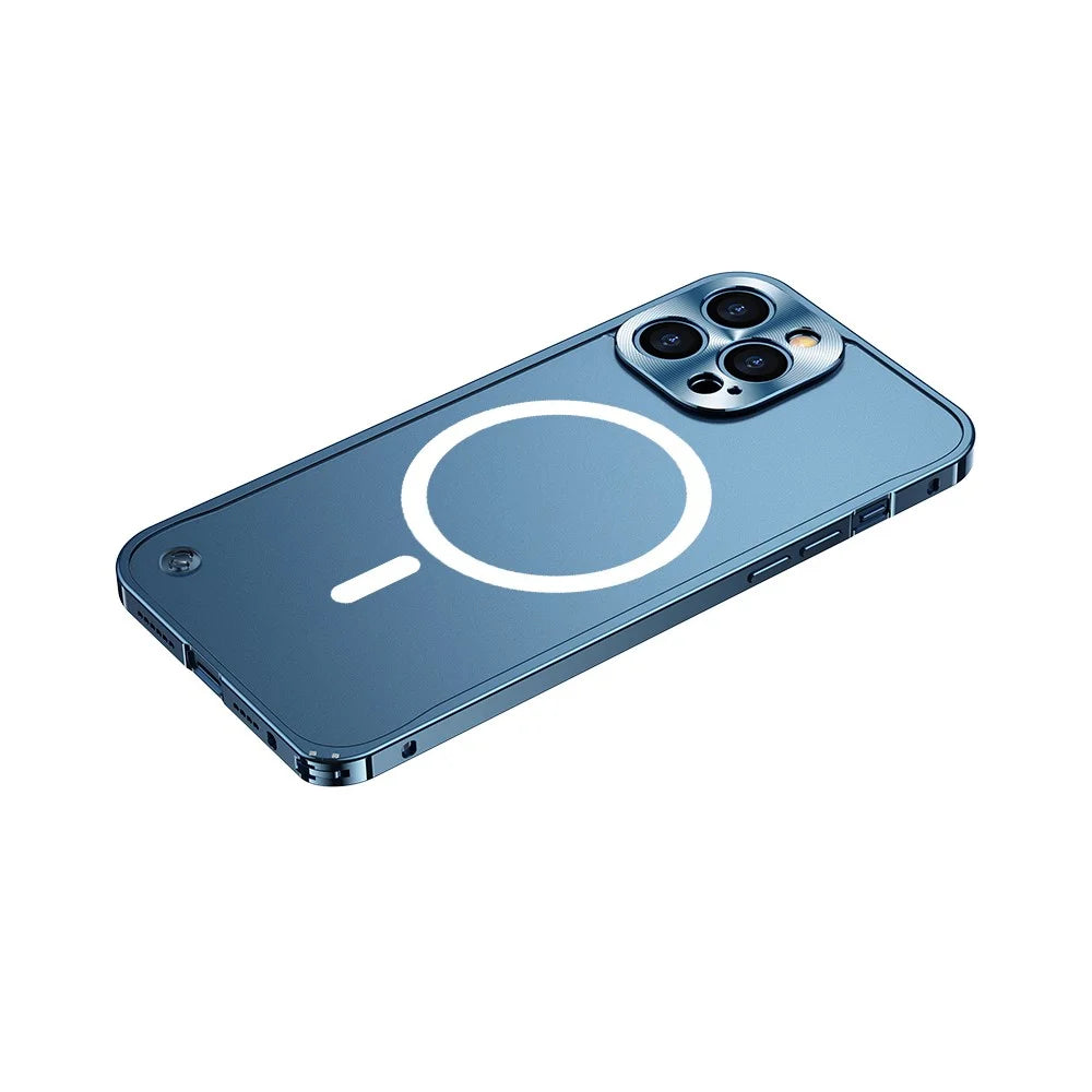 For iPhone 12 Pro 6.1 inch Transparent Matte Cover with Magnetic Wireless Charging, Hard PC Back Metal Frame Transparent Scratch-resistant Phone Protector - Blue - 1