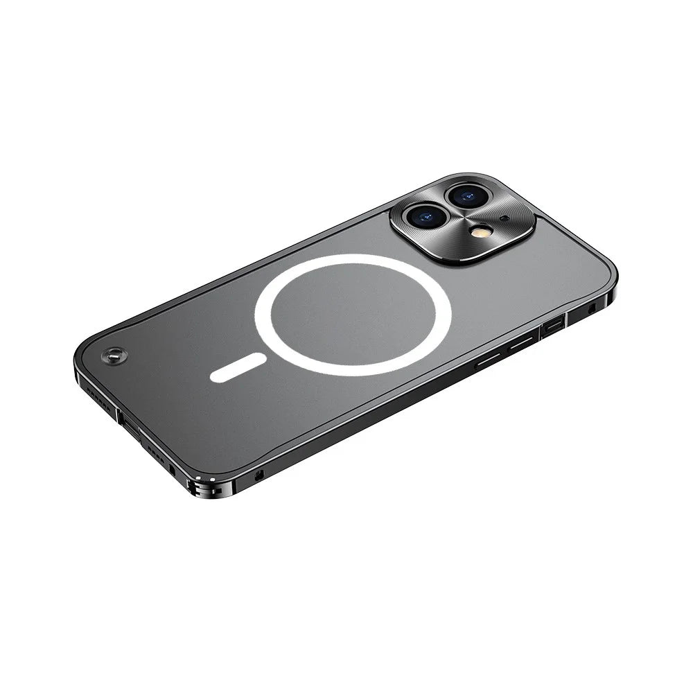 For iPhone 12 6.1 inch Scratch-proof Matte Phone Case Hard PC Metal Frame Hybrid Transparent Protective Cover with Magnetic Wireless Charging - Black - 1