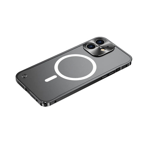 For iPhone 12 6.1 inch Scratch-proof Matte Phone Case Hard PC Metal Frame Hybrid Transparent Protective Cover with Magnetic Wireless Charging - Black - 1