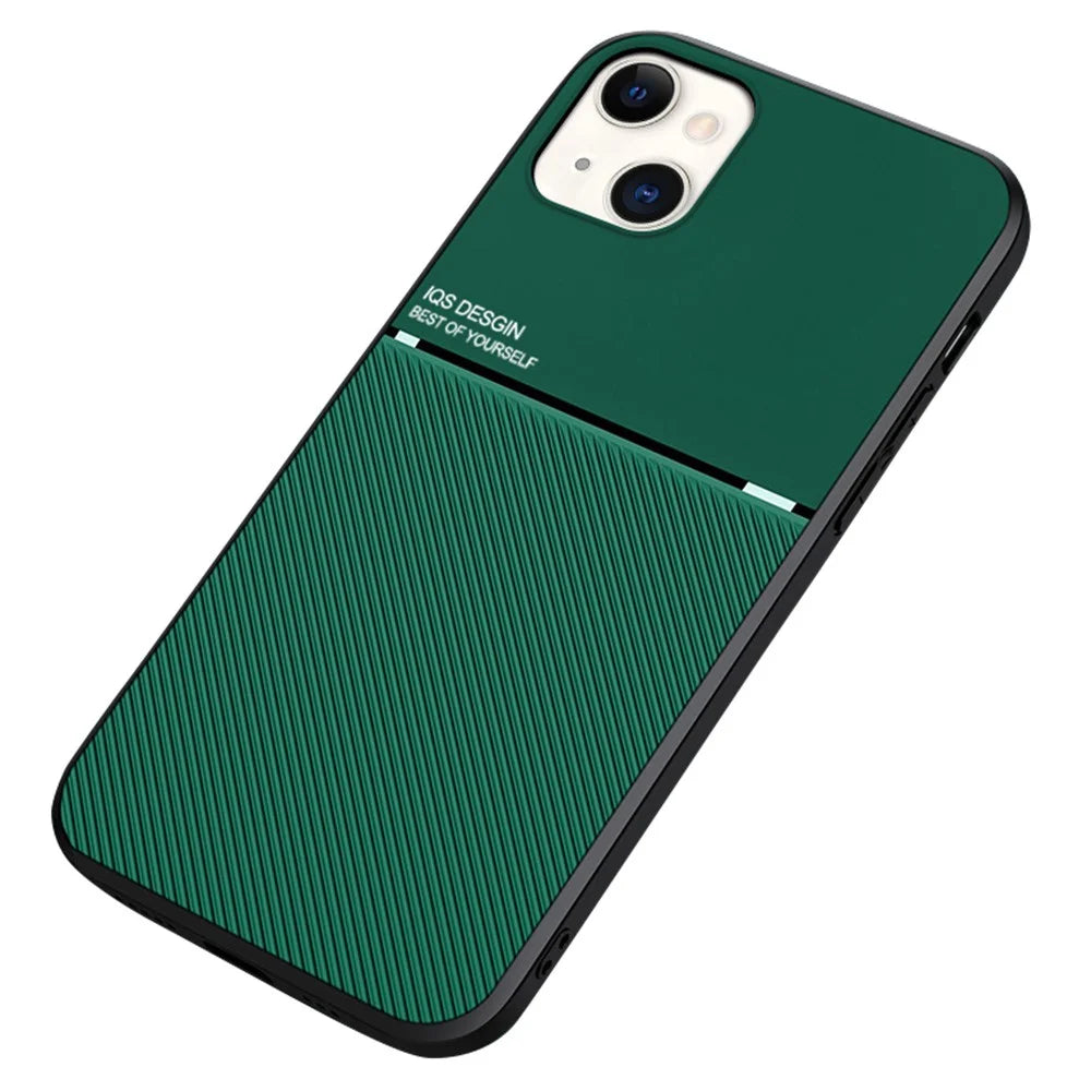 Lightweight Phone Back Case TPU + PU Leather Slim Shockproof Phone Cover with Built-in Magnetic Metal Sheet for iPhone 13 6.1 inch - Green - 1