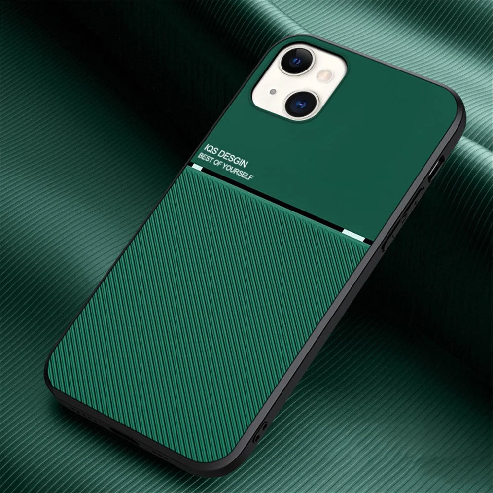 Lightweight Phone Back Case TPU + PU Leather Slim Shockproof Phone Cover with Built-in Magnetic Metal Sheet for iPhone 13 6.1 inch - Green - 2