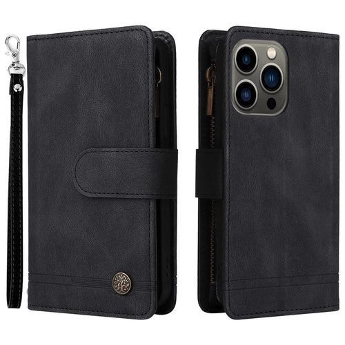 Skin-touch Stripes Imprinted Wallet Stand Leather Cover Overall Protection Card Slots Phone Case with Zipper Pocket for iPhone 13 Pro 6.1 inch - Black - 1