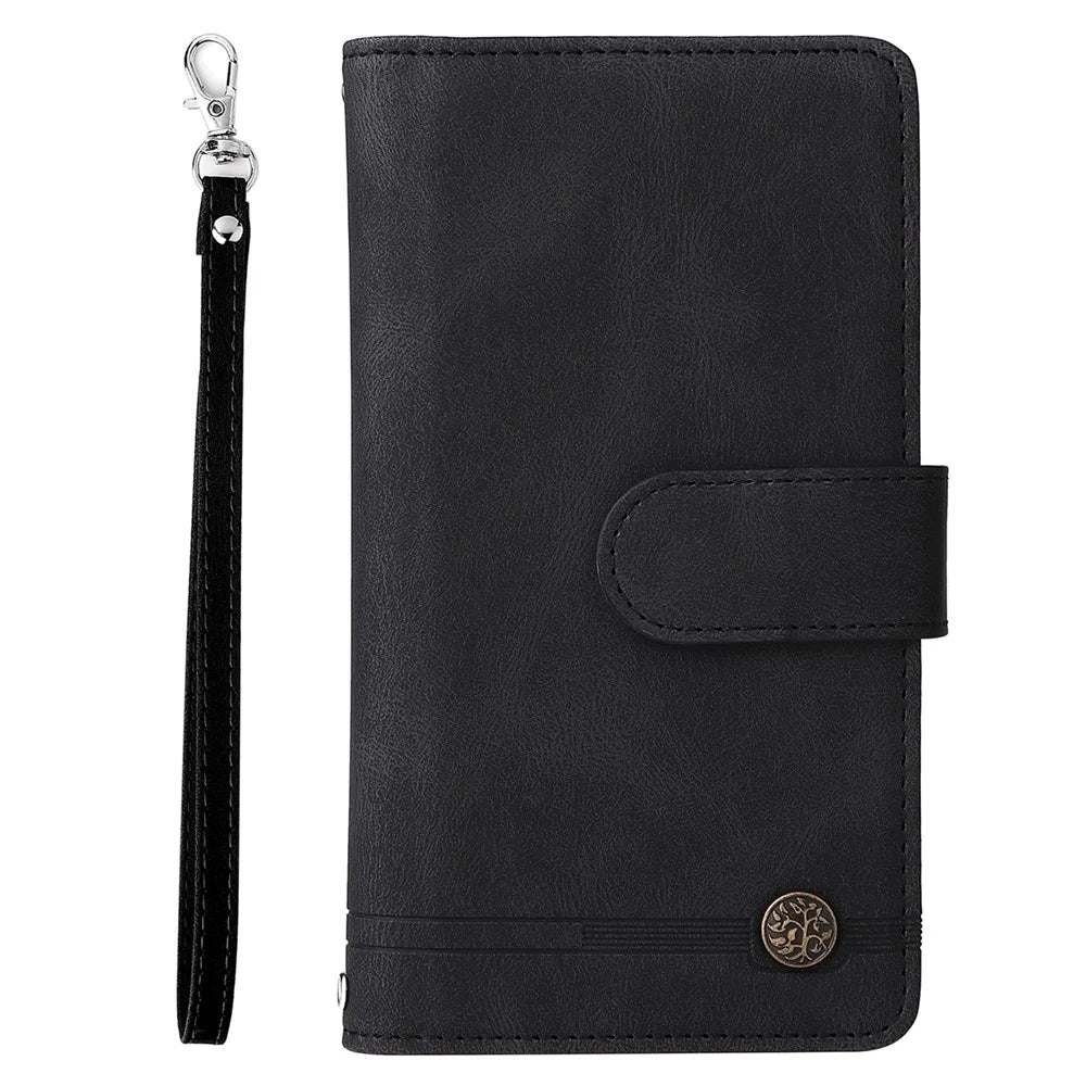 Skin-touch Stripes Imprinted Wallet Stand Leather Cover Overall Protection Card Slots Phone Case with Zipper Pocket for iPhone 13 Pro 6.1 inch - Black - 2