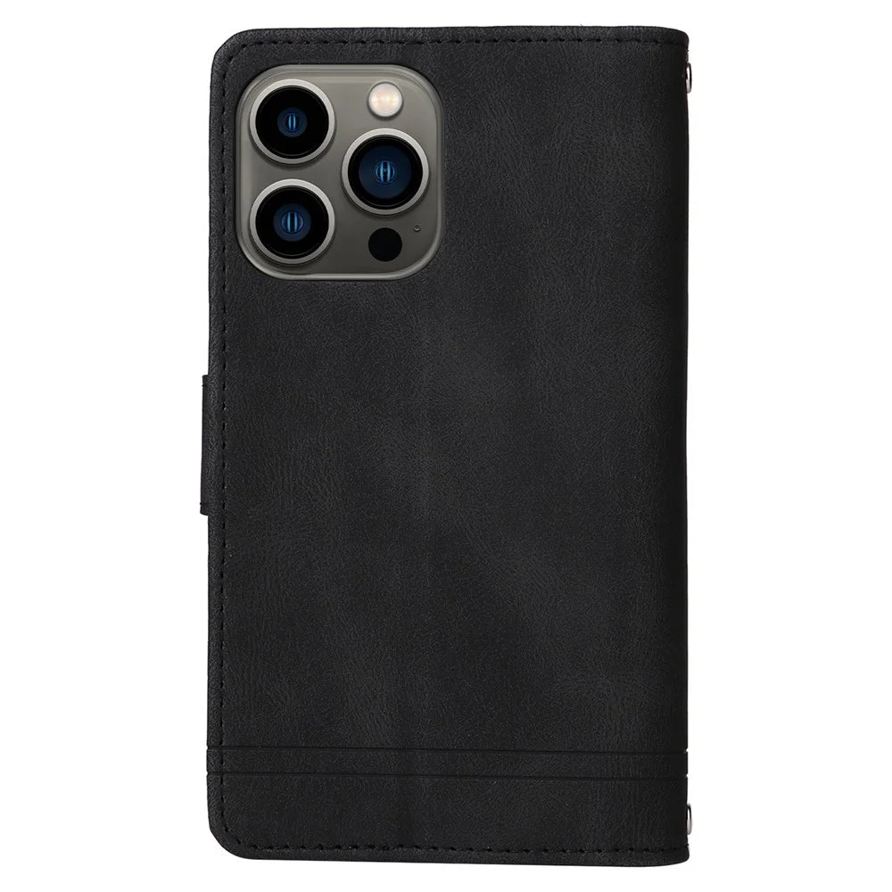 Skin-touch Stripes Imprinted Wallet Stand Leather Cover Overall Protection Card Slots Phone Case with Zipper Pocket for iPhone 13 Pro 6.1 inch - Black - 3