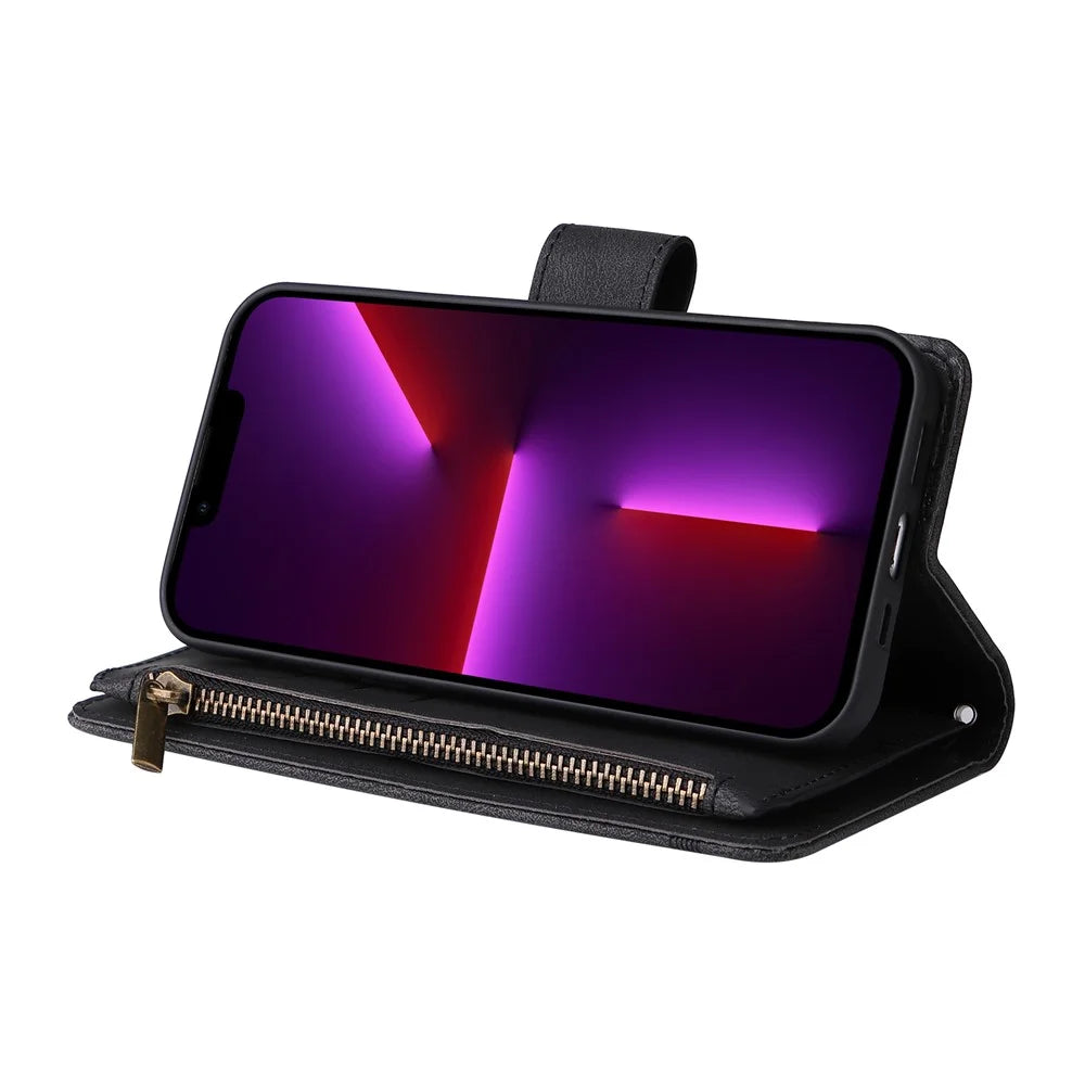 Skin-touch Stripes Imprinted Wallet Stand Leather Cover Overall Protection Card Slots Phone Case with Zipper Pocket for iPhone 13 Pro 6.1 inch - Black - 4