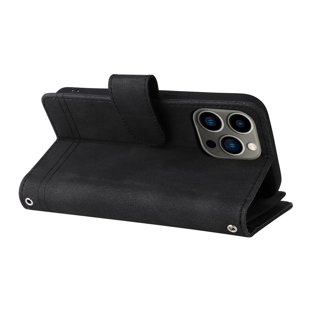 Skin-touch Stripes Imprinted Wallet Stand Leather Cover Overall Protection Card Slots Phone Case with Zipper Pocket for iPhone 13 Pro 6.1 inch - Black - 5