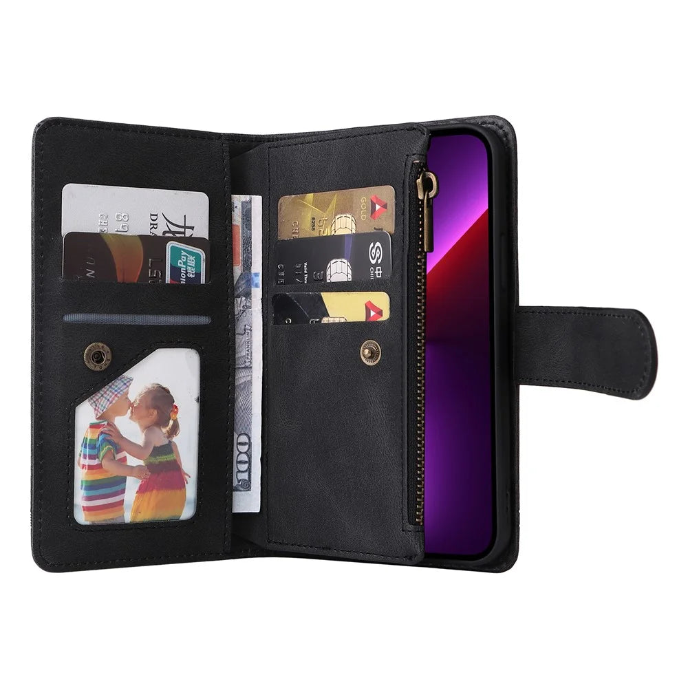 Skin-touch Stripes Imprinted Wallet Stand Leather Cover Overall Protection Card Slots Phone Case with Zipper Pocket for iPhone 13 Pro 6.1 inch - Black - 6