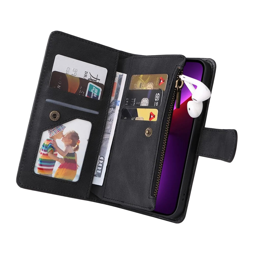 Skin-touch Stripes Imprinted Wallet Stand Leather Cover Overall Protection Card Slots Phone Case with Zipper Pocket for iPhone 13 Pro 6.1 inch - Black - 7