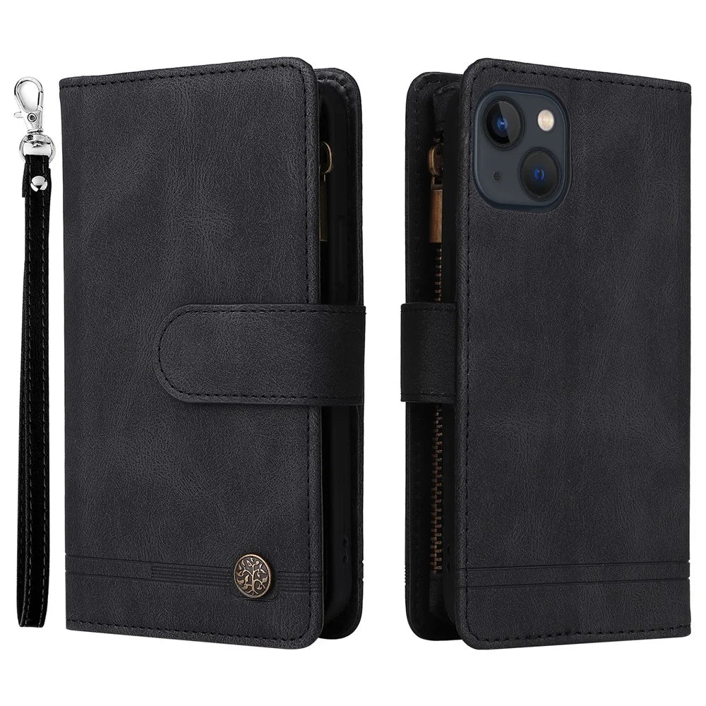 Stripes Imprinted Skin-touch Wallet Stand Fully Wrapped Leather Cover Card Slots Phone Case with Zipper Pocket for iPhone 13 6.1 inch - Black - 1