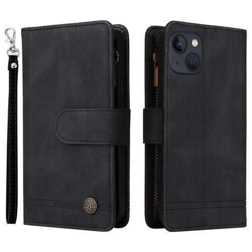 Stripes Imprinted Skin-touch Wallet Stand Fully Wrapped Leather Cover Card Slots Phone Case with Zipper Pocket for iPhone 13 6.1 inch - Black - 1
