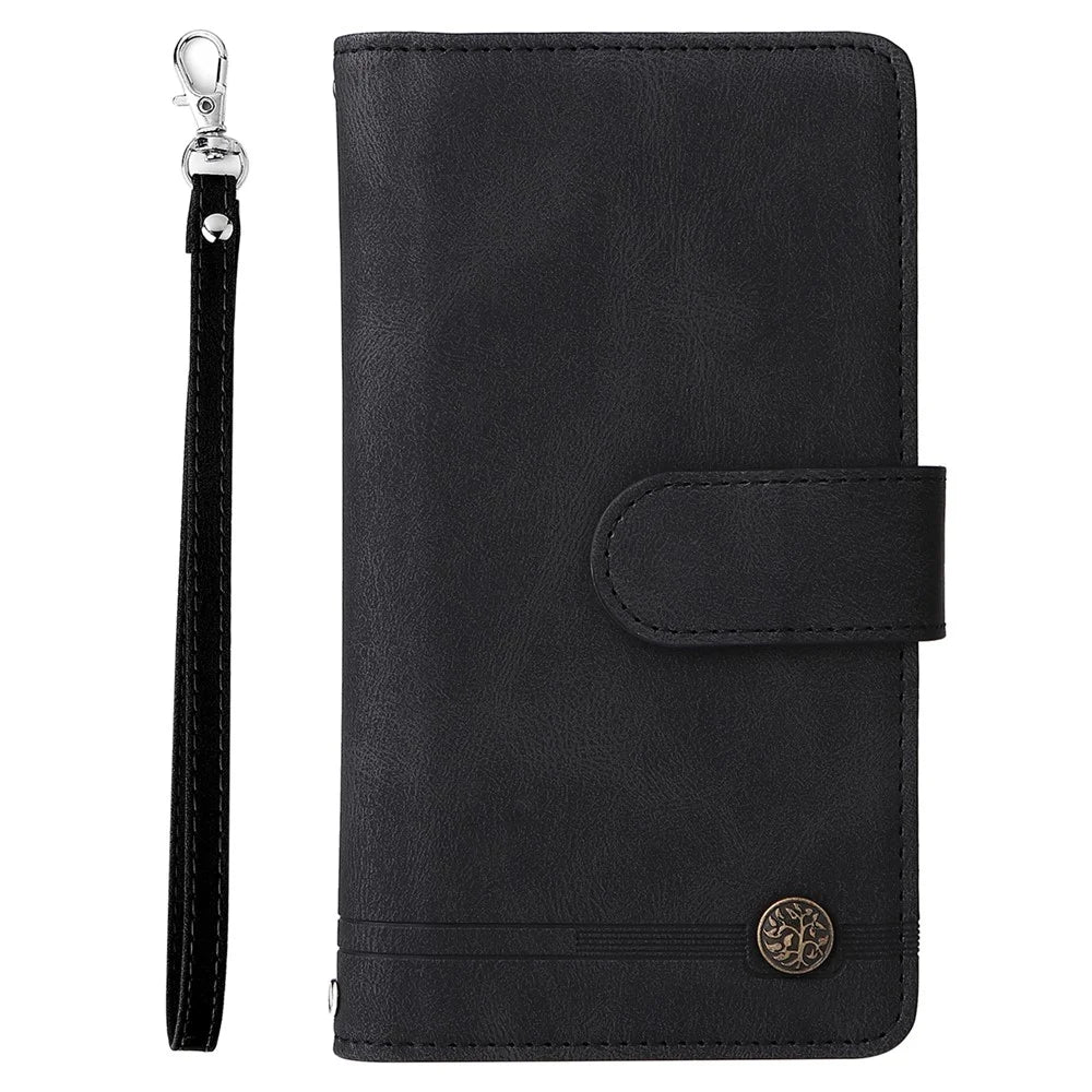 Stripes Imprinted Skin-touch Wallet Stand Fully Wrapped Leather Cover Card Slots Phone Case with Zipper Pocket for iPhone 13 6.1 inch - Black - 2
