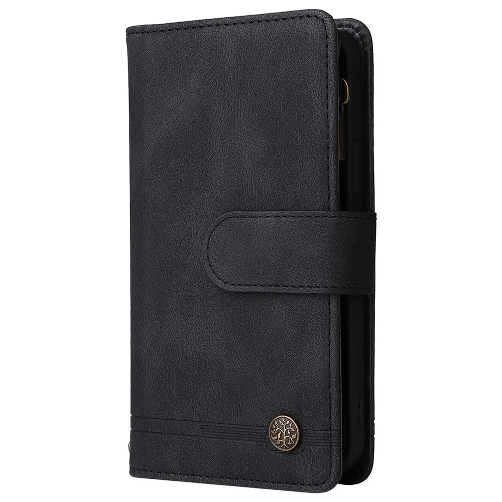 Stripes Imprinted Skin-touch Wallet Stand Fully Wrapped Leather Cover Card Slots Phone Case with Zipper Pocket for iPhone 13 6.1 inch - Black - 3