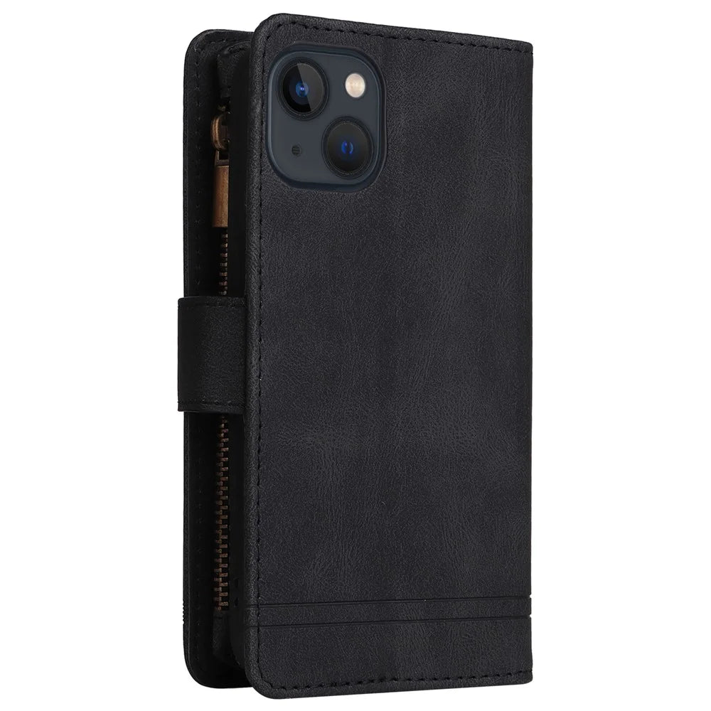 Stripes Imprinted Skin-touch Wallet Stand Fully Wrapped Leather Cover Card Slots Phone Case with Zipper Pocket for iPhone 13 6.1 inch - Black - 4