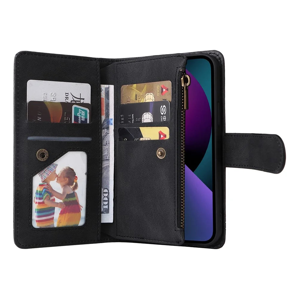 Stripes Imprinted Skin-touch Wallet Stand Fully Wrapped Leather Cover Card Slots Phone Case with Zipper Pocket for iPhone 13 6.1 inch - Black - 5