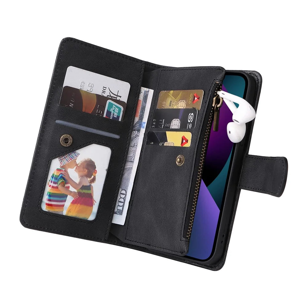 Stripes Imprinted Skin-touch Wallet Stand Fully Wrapped Leather Cover Card Slots Phone Case with Zipper Pocket for iPhone 13 6.1 inch - Black - 6