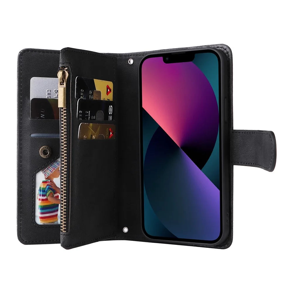 Stripes Imprinted Skin-touch Wallet Stand Fully Wrapped Leather Cover Card Slots Phone Case with Zipper Pocket for iPhone 13 6.1 inch - Black - 7