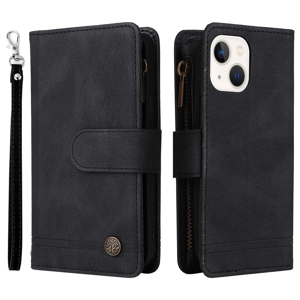 Mobile Phone Stripes Imprinted Skin-touch Wallet Stand Leather Cover Card Slots Flip Protective Case with Zipper Pocket for iPhone 13 mini 5.4 inch - Black - 1