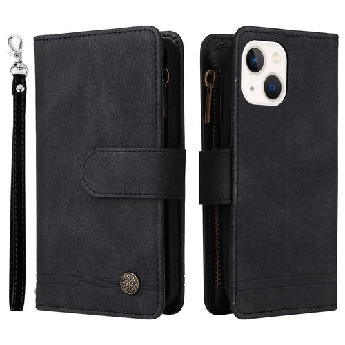 Mobile Phone Stripes Imprinted Skin-touch Wallet Stand Leather Cover Card Slots Flip Protective Case with Zipper Pocket for iPhone 13 mini 5.4 inch - Black - 1