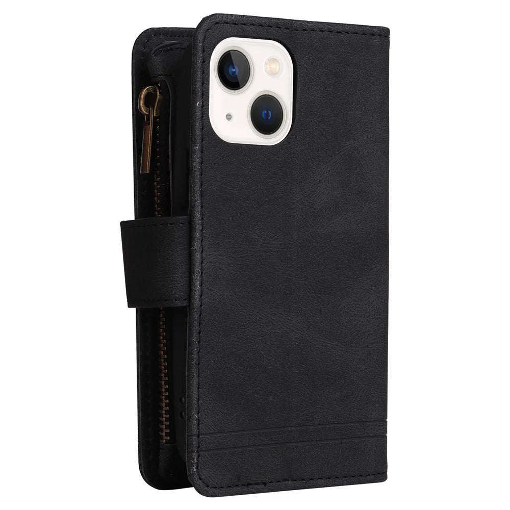 Mobile Phone Stripes Imprinted Skin-touch Wallet Stand Leather Cover Card Slots Flip Protective Case with Zipper Pocket for iPhone 13 mini 5.4 inch - Black - 4