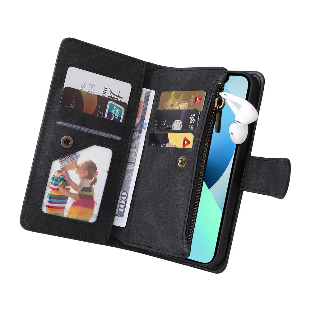 Mobile Phone Stripes Imprinted Skin-touch Wallet Stand Leather Cover Card Slots Flip Protective Case with Zipper Pocket for iPhone 13 mini 5.4 inch - Black - 6