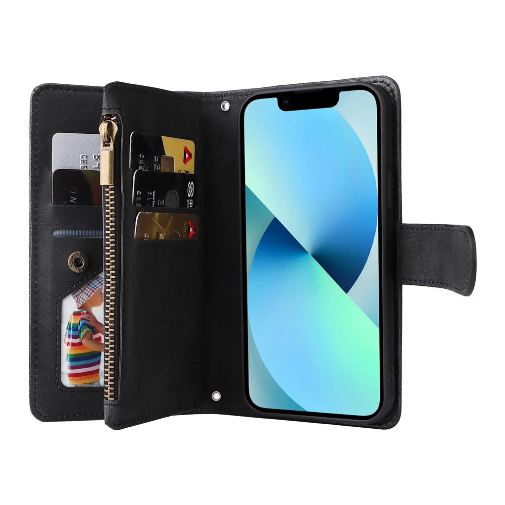 Mobile Phone Stripes Imprinted Skin-touch Wallet Stand Leather Cover Card Slots Flip Protective Case with Zipper Pocket for iPhone 13 mini 5.4 inch - Black - 7