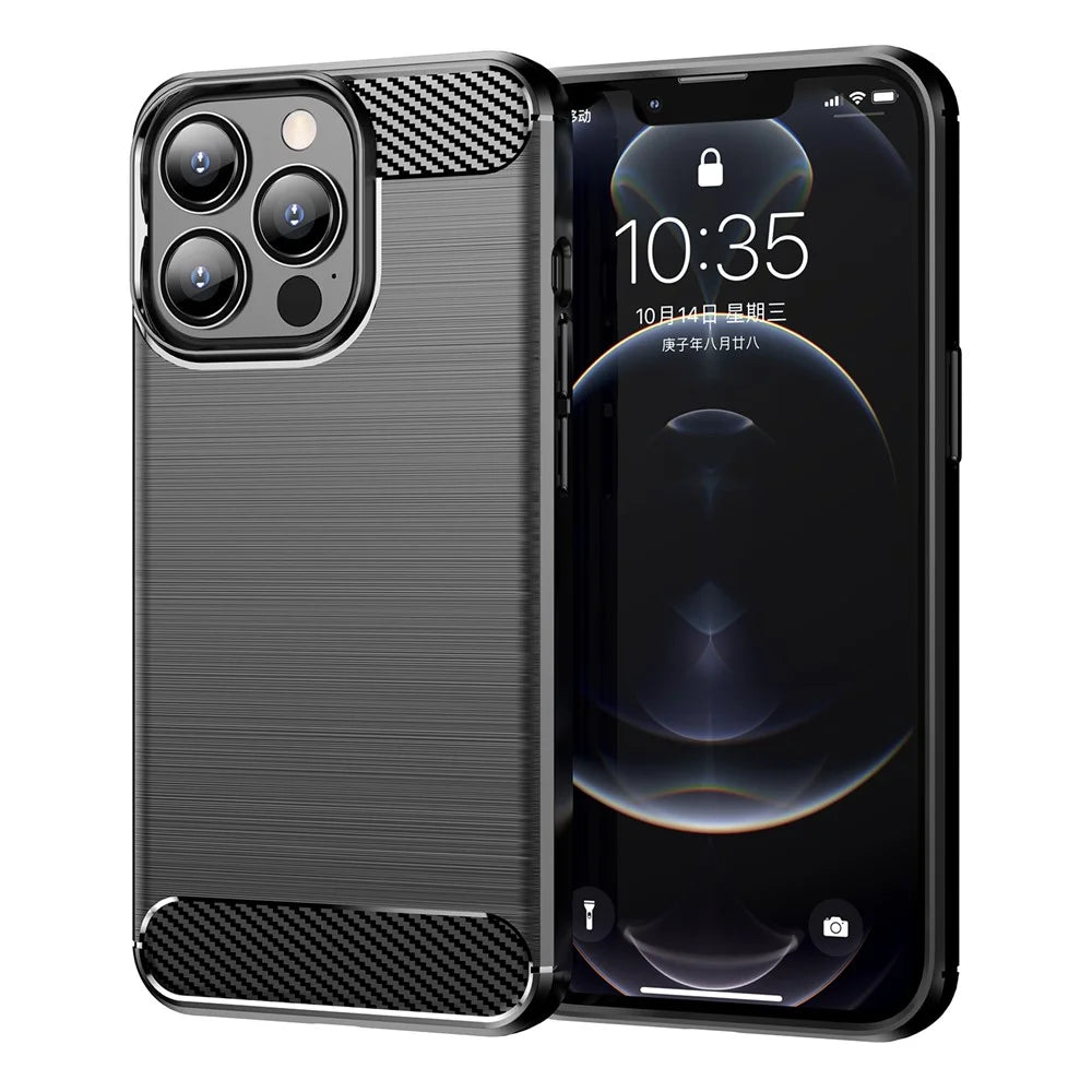 1.8mm Carbon Fiber Brushed Texture Flexible TPU Anti-drop Phone Back Case Cover for iPhone 13 Pro 6.1 inch - Black - 1