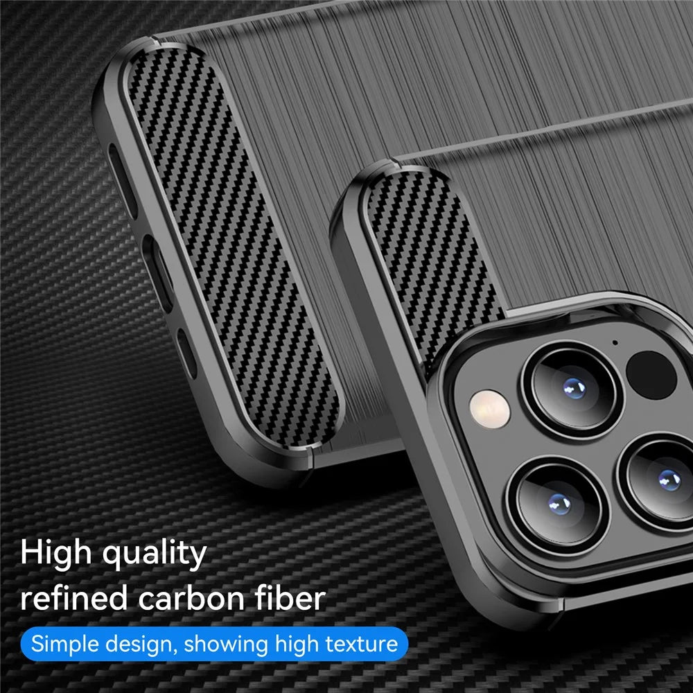 1.8mm Carbon Fiber Brushed Texture Flexible TPU Anti-drop Phone Back Case Cover for iPhone 13 Pro 6.1 inch - Black - 2