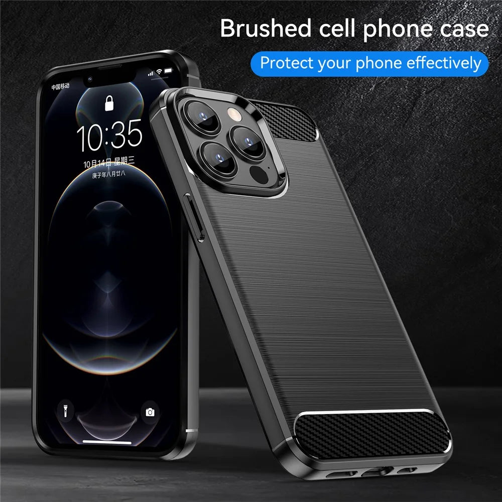 1.8mm Carbon Fiber Brushed Texture Flexible TPU Anti-drop Phone Back Case Cover for iPhone 13 Pro 6.1 inch - Black - 5