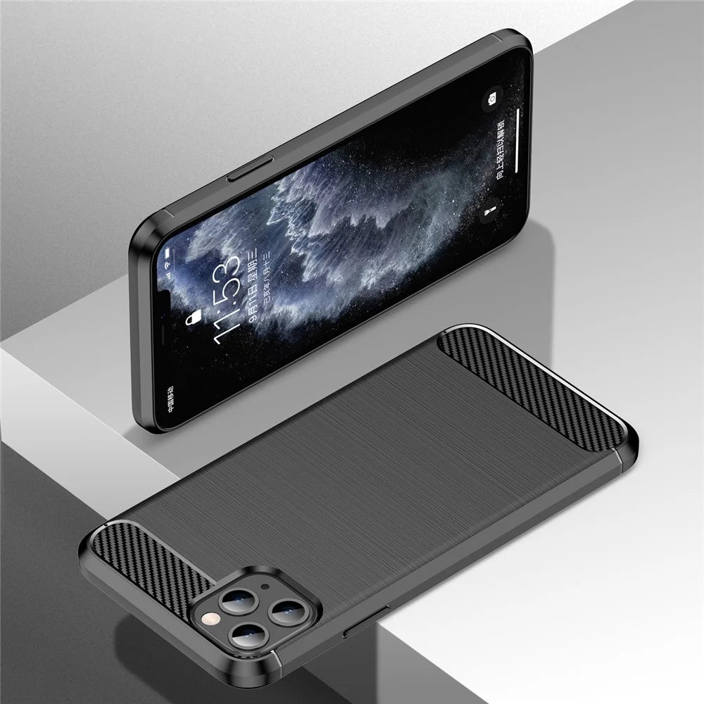 1.8mm Carbon Fiber Brushed Texture Soft TPU Back Case Mobile Phone Cover for iPhone 11 Pro Max 6.5 inch - Black - 6