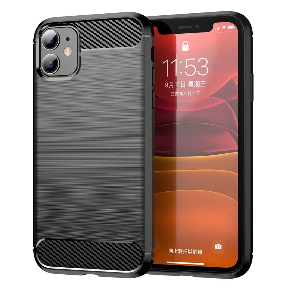1.8mm Carbon Fiber Brushed Texture Impact Buffer TPU Back Case Mobile Phone Cover for iPhone 11 6.1 inch - Black - 1