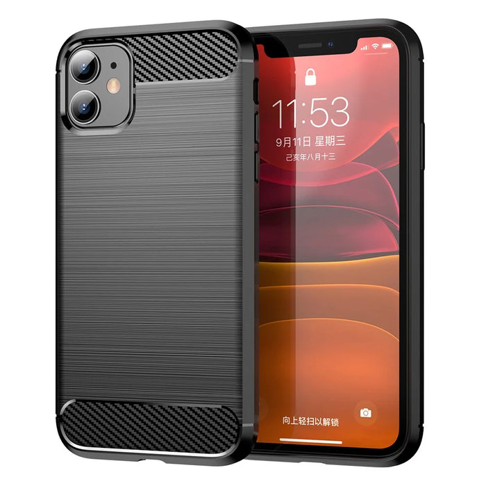 1.8mm Carbon Fiber Brushed Texture Impact Buffer TPU Back Case Mobile Phone Cover for iPhone 11 6.1 inch - Black - 1
