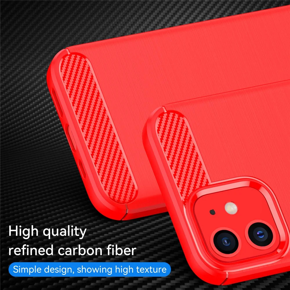 1.8mm Carbon Fiber Brushed Texture Anti-fall Protection Back Case Flexible TPU Cover for iPhone 12/12 Pro 6.1 inch - Red - 2